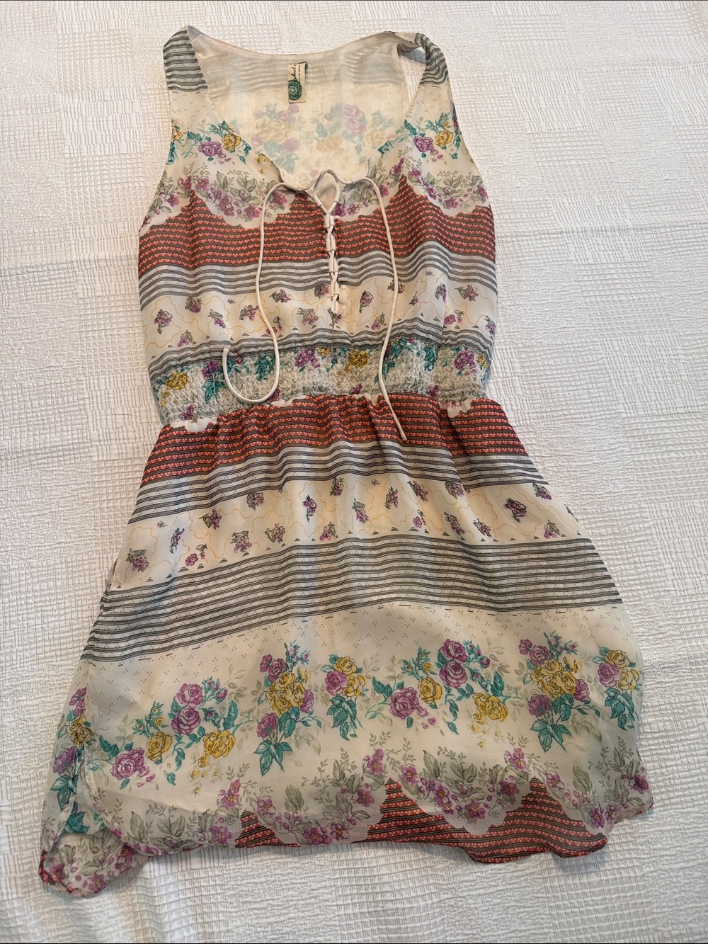 Free People Cream Floral Stripe Sleeveless Dress with Rust Accents